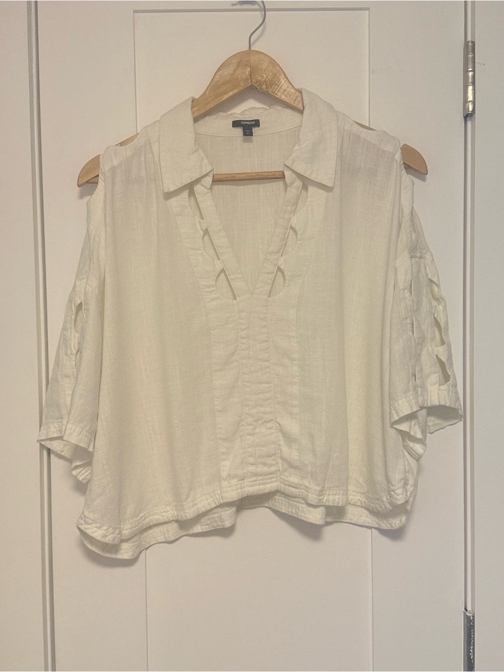 Express Ivory Open-Shoulder Gauze Collared Blouse